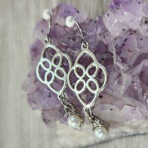 Fashion Jewlery Scrollwork Silvertone with Faux Pearl Drop Earings